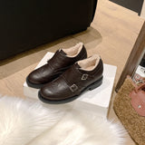 MQTIME  -  Women's Shoes Blok Carving Double Buckle with Velvet Inner Small Leather Shoes Women's Spring and Autumn
