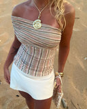 MQTIME  -  Women Colorful Striped Tube Off-shoulder Top Chic Smocked Waist Slim Cropped Tops Lady Summer New Party Vacation Wear