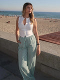 MQTIME  -  Striped Pants Suit Two-Piece Set 2024 Summer Lace Up Hollow V-neck Vest Drawstring Wide Leg Trousers Sets Fashion Lady Outfits