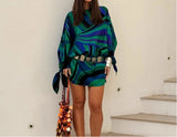 MQTIME  -  Style Fashionable Women's Patchwork Printed Round Neck Lace Up Long Sleeved Dress