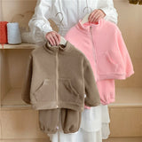 MQTIME  -   Kids Fleece Warm Sets Winter Plus Velvet Outfits Autumn Long Sleeved Pullover Tops+Pants 2Pcs Children Casual Clothing Suits