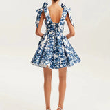 MQTIME  -   Lady Backless Suspender Dress Fashion Floral Print High Waist Holiday Dress 2025 Summer New Sexy Off Shoulder Pleats Short Dress