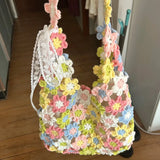  MQTIME  -  Colorful Flower Crochet Tote Bag, Handmade Knitted Shoulder Bag, Lightweight Summer Beach Travel Handbag For Women Vacation