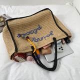  MQTIME  -  Women Large Capacity Hand Woven Straw Tote Bag Top Handles Simple Letter Embroidery Summer Beach Travel Shopping Handbag