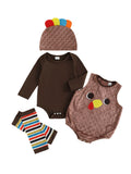 MQTIME  -  Thanksgiving Baby Outfit Set with Solid Long Sleeve Romper Turkey Sleeveless Bodysuit Striped Leg Warmers and Hat - 4 Piece