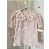 MQTIME  -  Summer Sweet Lolita Peter Pan Collar Puff Short Sleeve Women Blouse Y2k Bow Appliques Single Breasted Clothes Casual Cute Shirt