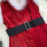 MQTIME  -  Women's Christmas Cosplay Costume Slim Lingerie Rompers Oneseies Feather Trim Backless Jumpsuits Playsuits with Belt