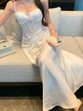 MQTIME  -  Lace Strapless Long Dress Women Sleeveless Camisole French Elegant Dress Solid A Line Dinner Night Fashion Simple Vestidos New