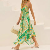 MQTIME  -  Summer Boho Dress Sleeveless Printing A-line Vestidos Floral V Neck Open Back Holiday Dress Vacation Halter Dresses