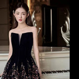MQTIME  -  Black Luxury Celebrity Dress Embroidery Strapless Sleeveless Floor Length Ball Gown A Line Slim Waist Evening Party Prom Gowns