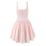 MQTIME  -  Sexy Pink 3D Bow Strap Tank Dress Women Slim Low Waist Spliced Lace Pleated Hem Ball Gown Sling Dresses Short Party Robe