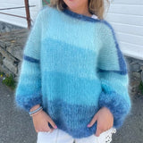 MQTIME  -  Women Autumn Winter Loose Fit Knitwear Jumpers Vintage Striped Fuzzy Knitted Sweater Casual Boat Neck Long Sleeve Pullover Tops