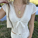  MQTIME  -  High Street Euramerican Summer Deep  V Neck Short Sleeve Straps Shirts Y2k Aesthetic Crochet Hollow Out Clothes Sweet Casual Top