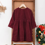 MQTIME  -  Girls Corduroy Dress Autumn Winter New Round Neck Warm Princess Dress Waist Pleated Back Buttons Long-Sleeved Dresses For Kids