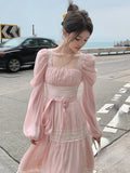 MQTIME  -  2024 Summer Woman French Elegant Lace Midi Dress Party Long Sleeve Korean Fashion Dress Beach Chiffon Fairy Slim Dress Chic