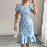 MQTIME  -  Commuting Solid Color Mid Dress Elegant Lady Short Sleeve O Neck Party Dress Sexy Slim High Waist Wrap Hips Dress Women