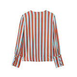 MQTIME  -  Autumn New Female Chic Blouse Women's Loose Fit Striped Print Shirt O-neck Puff Sleeve Single Breasted Simple Casual Top