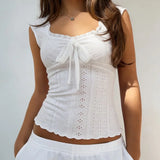 MQTIME  -  Japanese Sexy Solid Bow Tie Vest Square Neck Sleeveless Tee Spicy Girl American Retro 90s Short Top for Women 민소매 티 여성