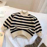  MQTIME  -  Boys Striped Sweater Kids Thickened Fleece High Collar Knitted Boys Inner Wear Autumn Winter Warm Soft Pullover Children Clothes