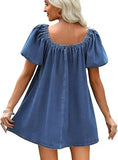 MQTIME  -  Summer New Fashion Square Neck Women Bubble Sleeve Dress Simple Strap Up Elegant Female Denim Short Dresses