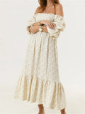  MQTIME  -  Woman Vintage Floral Dress Puff Long Sleeve Off Shoulder Ruffle Long Dress Spring Fall Casual Vintage Bohemian Dresses