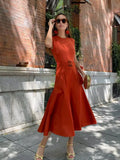 MQTIME  -  Summer New Fashion Belted Patchwork Dress Women O-Neck Sleeveless Long Dresses Female Elegant Solid Vacation Beach Vestidos