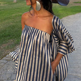 MQTIME  -  Fashione Strapless Backless Formal Banquet Dress Elegant Batwe Sleeve Slit Tube Dress Retro Striped Printed Off Shoulder Dress