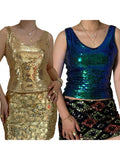 MQTIME  -  Stylish Women s Sleeveless Sequin Crop Top with V-Neck and Shimmering Details - Trendy Streetwear Fashion for Summer