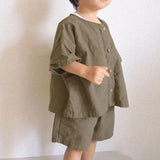 MQTIME  -  Children's Retro Cotton Linen Suit Summer New Korean Kids Casual Loose Shirt + Shorts Boys And Girls 2 Pcs Sets WT045