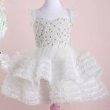 MQTIME  -  White Flower Girl Dresses Tulle Tiered Pearls With Bow Sleeveless For Wedding Birthday Party Banquet Princess Gowns