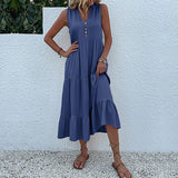 MQTIME  -  Solid Color Straight Tank Dress Sleeveless Holiday Viscose Maxi Dress Button Up V Neck Boho Dress Vacation Robes