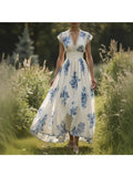 2025 Summer New Simple Palace Style Printed Women Waist Dress Fashion V-neck Lace Female Long Dresses