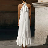 MQTIME  -  Simple White Sexy Halter Off Shoulder Party Dress Women Spring Solid Loose Ruffles Irregular Dress Summer Sleeveless Boho Drsses