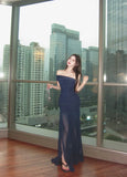 MQTIME  -  Mesh Navy Glitter Off Shoulder Mermaid Maxi Dress Women Ruched Bodycon Summer Sheer Elegant Slash Neck Long Evening Party Gown