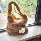 MQTIME  -  Women Knitted Shoulder Bag Fashion Tote Handbag Lightweight Handwoven Hobo Bag with Flower Decor Crochet Tote Bag Straw Hobo Bag