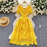 MQTIME  -  Summer Elegant Hollow Out Embroidery Lace Long Dresses Women Holiday Short Sleeve Flower Retro Evening Party Female Vestidos
