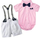 MQTIME  -  Solid Newborn Baby Boy Outfit Set Bow Formal Gentleman Suit for Toddlers Summer Sky Blue Romper + White Shorts Clothes for Baby