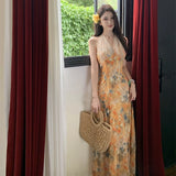 MQTIME  -  Print Floral Vintage Beach Long Dress Women Summer Sleeveless Halter Backless Slim Long Dress Sexy Club Party Birthday Dresses