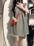 MQTIME  -  French sweet camisole dress for women's summer doll neck plaid flying sleeves temperament short skirt 2024 new summer