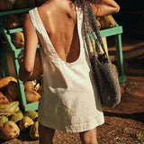 MQTIME  -  Cotton and Linen Short Dress Backless Solid Color Mini Dress Round Neck Open Back Beach Dress Boho Vestidos