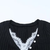 MQTIME  -  Lace Patchwork Ribbed Bodycon Maxi Dress Women Fashion Sexy Buttons V Neck Full Sleeve High Slit Casual Streetwear Long Robe