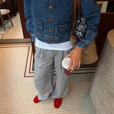  MQTIME  -  Black White Vertical Stripe Drawstring Wide-Leg Pants 2026 Summer Elastic Hip-Hiding Slimming Street Casual Floor-Length Pants