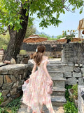 MQTIME  -  Elegant Seaside Vacation Floral Printed Dress Summer Off Shoulder Women Camisole Dress Slim Casual Ruffles Fairy Dress