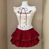 MQTIME  -  Summer Sweet Patchwork Two Piece Set Women Ruffle Lace Tops + Red Pleated Mini Skirt Suit Korea Kawaii Design Bow Cute Outfits