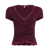  MQTIME  -  French Style Simple Lace Splicing Short Sleeve T-Shirt Women Sexy Versatile V-Neck Folds Slimming Top Summer Vintage Female Tees