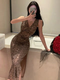 MQTIME  -  Summer Women Sequined Tank Dress New Sexy V Neck Sleeveless Printed Slim Fit Bodycon Evening Party Long Dress Robe