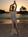 MQTIME  -  Sexy Hollow Out Ruffles Split Long Dress Women Backless See Through Slim Beach Holiday Dresses 2025 Summer Slim Party Lady Robe