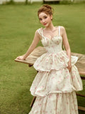 MQTIME  -  Hot Sale Floral Sexy Tube Top Cake Dress Tie Front Multi-Layered Ruffle Ditsy Floral Pattern Fairy Gorgeous Evening Dress