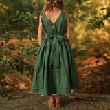 MQTIME  -  Vintage Cotton Linen Girls Sleeveless Dress Chic Open Back Buttons Bandage Bow Sweet Loose Wending Evening Party Dresses