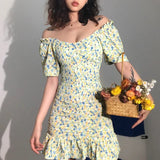 MQTIME  -  Cottagecore One-shoulder Mini Dress Ruffled Floral Summer Mini Dress for Women Short Sleeve Elegant Temperament Commuter Dress